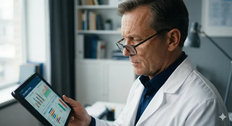 Physician reviewing comprehensive blood panel biomarker data